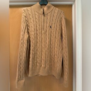 Men’s Polo quarter-zip, cable knit sweater in tan